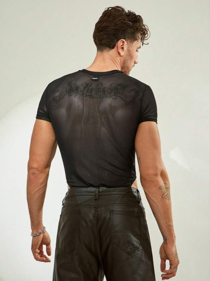 BONGA BOYS Men's Sexy Mesh See-Through Black & White Patchwork Bodysuit